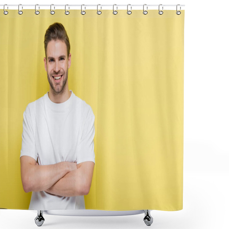 Personality  Happy Man Smiling At Camera While Standing With Crossed Arms On Yellow Shower Curtains