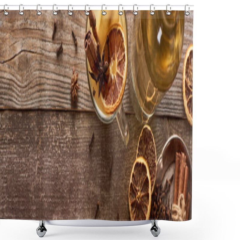 Personality  Top View Of Traditional Warm Pear Mulled Wine With Spices And Dried Citrus On Wooden Rustic Table, Panoramic Shot Shower Curtains