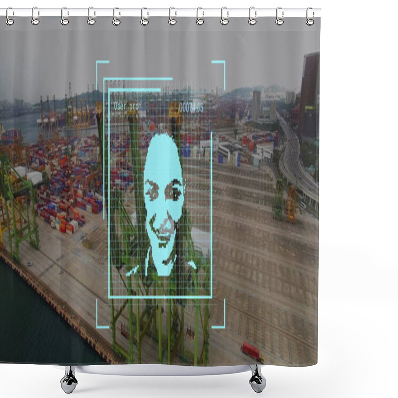 Personality  Image Of Data Processing With Portraits Over Container Port. Global Delivery, Shipping And Digital Interface Concept Digitally Generated Image. Shower Curtains