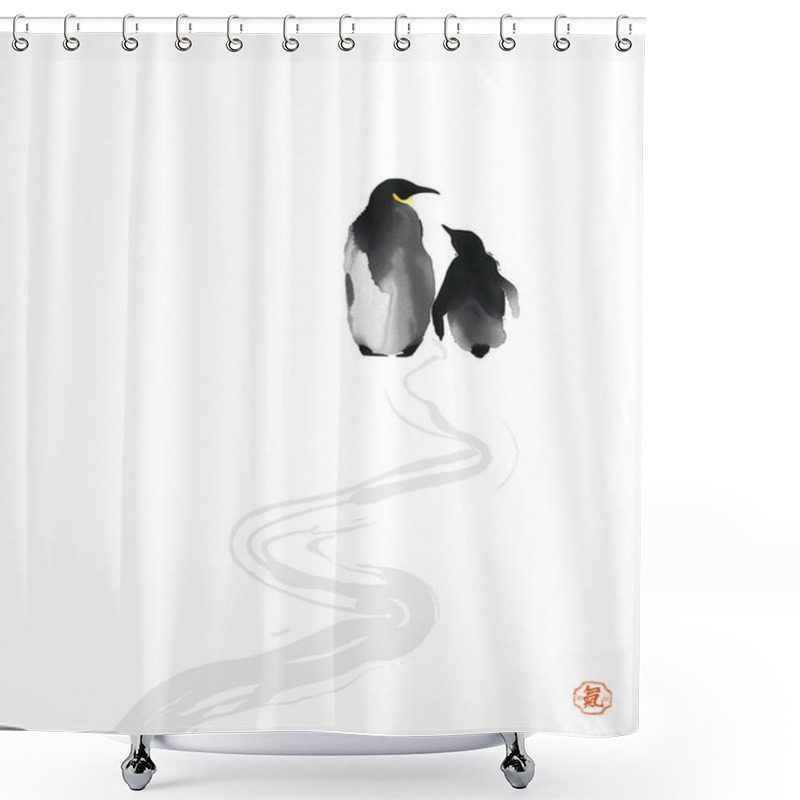 Personality  Minimalist Ink Painting Of Adult Penguine With Its Chick. Traditional Japanese Ink Wash Painting Sumi-e. Hieroglyph - Life Energy Shower Curtains