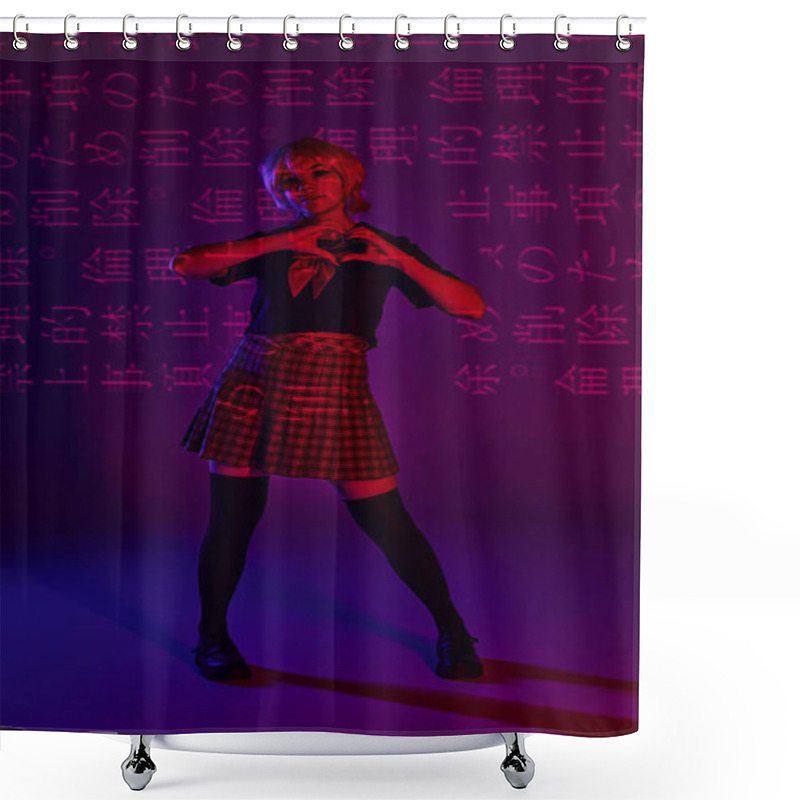 Personality  Stylish Anime Woman In School Uniform Showing Heart Sign On Neon Purple Backdrop With Hieroglyphs Shower Curtains