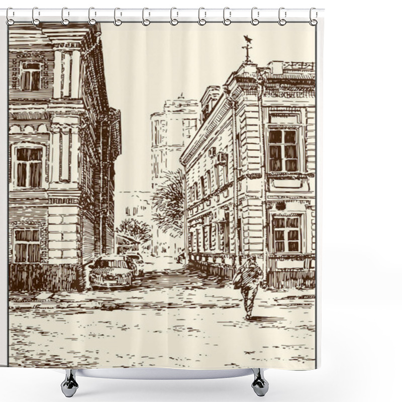 Personality  Russia.Moscow. Urban View Of The City Street With Buildings, People And Cars. Summer Day Black And White Hand Drawing With Pen And Ink. Sketch Style Shower Curtains