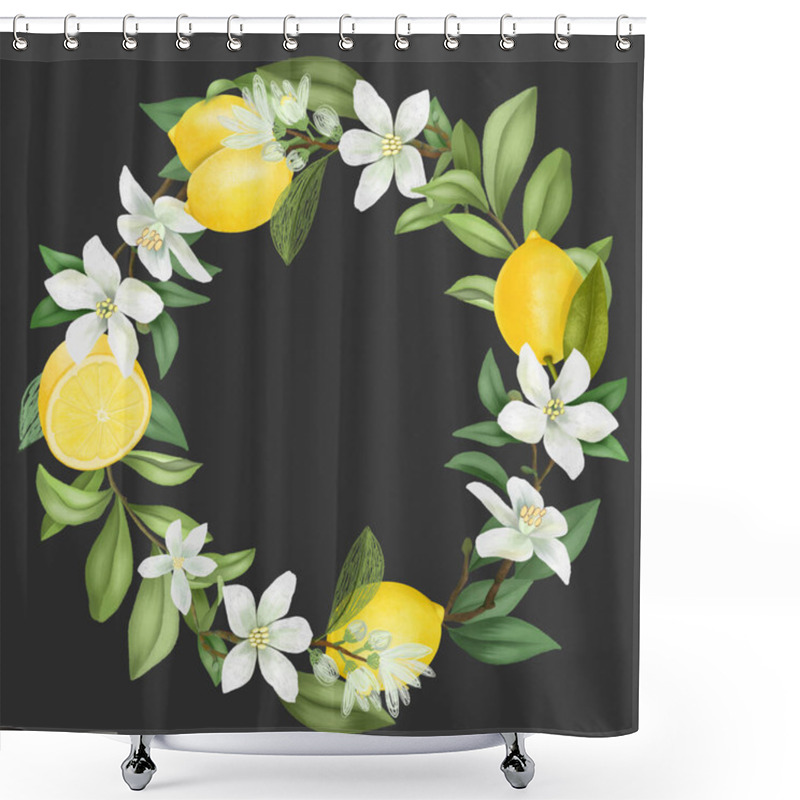 Personality  Wreath Of Hand Drawn Blooming Lemon Tree Branches, Lemon Flowers And Lemons, Isolated Illustration On A Dark Background Shower Curtains