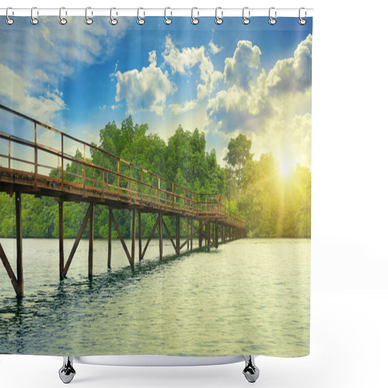 Personality  Wooden Bridge Over River. Sunrise Shower Curtains