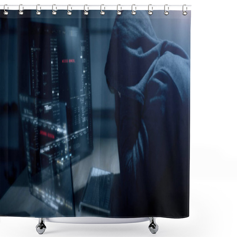 Personality  Futuristic Cyber Hacker Operating Under The Guise Of Anonymous, Employs Advanced Algorithms To Infiltrate Cybersecurity Systems And Exploit Vulnerabilities In Password Security. Concept : Cyber Hacker Shower Curtains