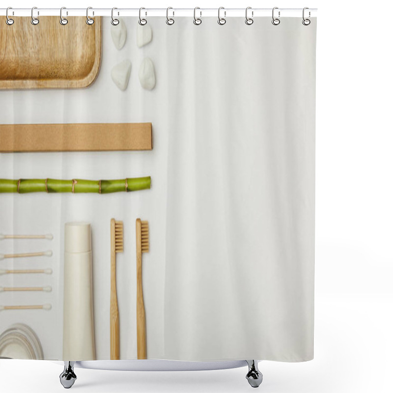 Personality  Top View Of Ear Sticks, Toothpaste In Tube, Cosmetic Cream, Toothbrushes, Stones And Bamboo Stem On White Background Shower Curtains