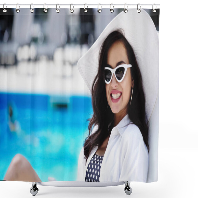 Personality  Joyful Young Woman In Straw Hat And Stylish Sunglasses Shower Curtains