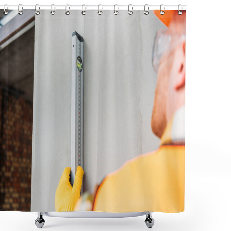 Personality  Cropped Shot Of Builder In Gloves Using Bubble Level At Construction Site Shower Curtains