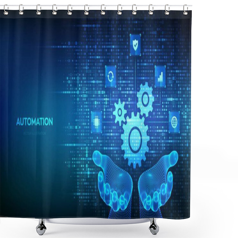 Personality  Automation Software. Gears Icon Made With Binary Code In Hands. IOT And Automation Icons Connections. Digital Binary Data And Streaming Digital Code. Background With Digits 1.0. Vector Illustration Shower Curtains