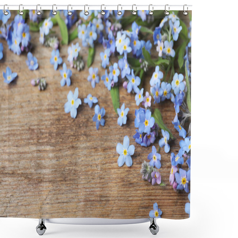 Personality  Beautiful Forget-me-not Flowers On Wooden Background, Space For Text Shower Curtains