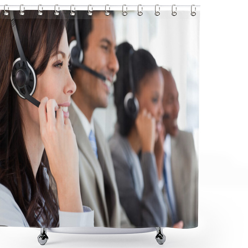 Personality  Young Businesswoman Working With A Headset And Accompanied By He Shower Curtains