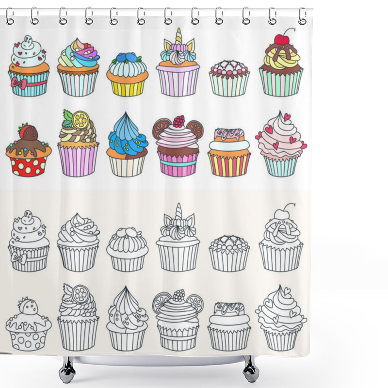 Personality  Set Of Cupcake Icons. Doodle Illustration Of Cupcakes Decorated With Cream, Raspberry, Hearts, Cherry, Citrus, Blueberry And Cookies. Two Collections Of Colored And Monochrome Dessert Icons. Vector 8 EPS. Shower Curtains