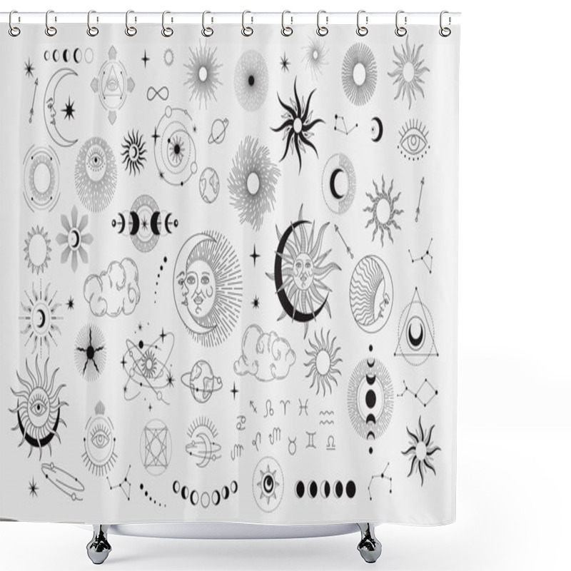 Personality  Set Of Celestial Mystic Esoteric Magic Elements Sun Moon And Clouds Different Stages Of Moon, Zodiac Signs. Alchemy Tattoo Object Logo Template. Vector Shower Curtains