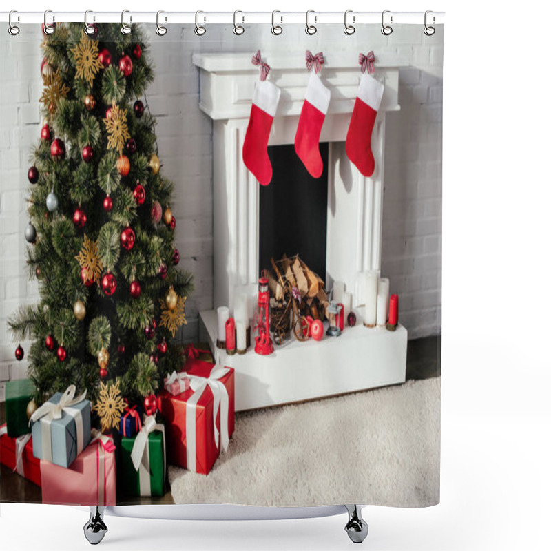 Personality  Christmas Tree With Baubles, Gift Boxes And Fireplace With Christmas Stockings In Room Shower Curtains