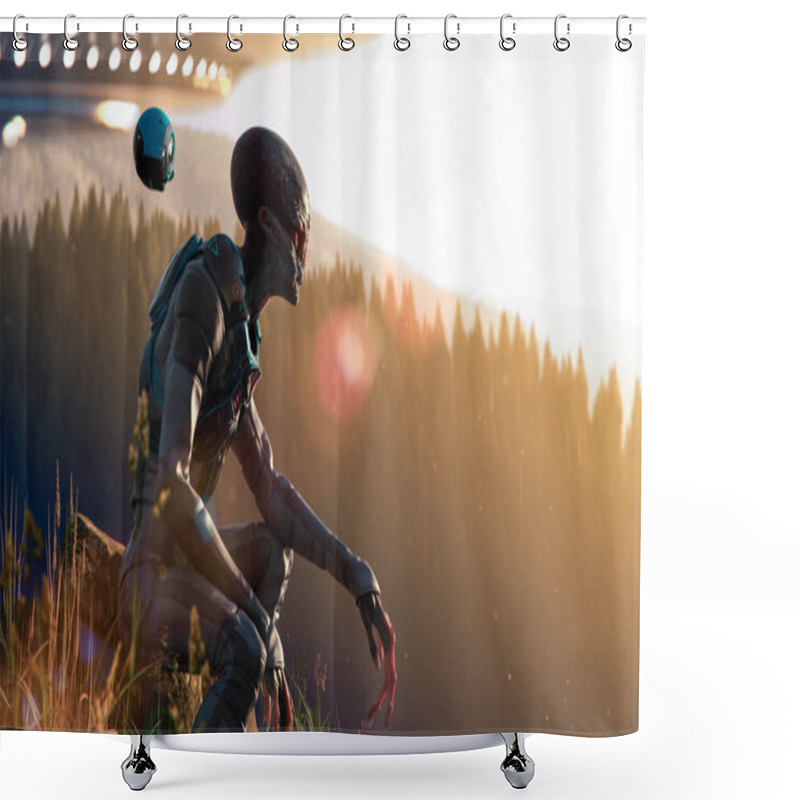 Personality  Alien Land On Our Planet Earth In Mountains At The Sunset Contemplating Our Beautiful Nature - Concept Art - 3D Rendering Shower Curtains