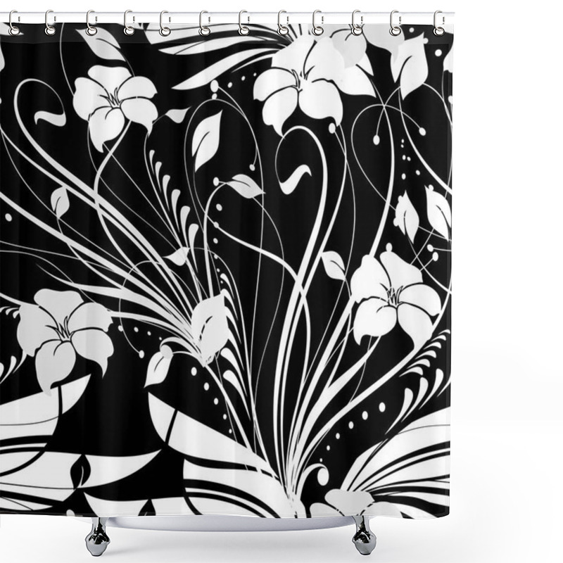 Personality  Floral Beautiful Seamless Pattern. Black And White Blossom Flowers Background. Exotic Lines Flowers, Leaves, Swirls, Dots. Repeat Vector Backdrop. Floral Tropical Ornament. Endless Ornamental Texture. Shower Curtains