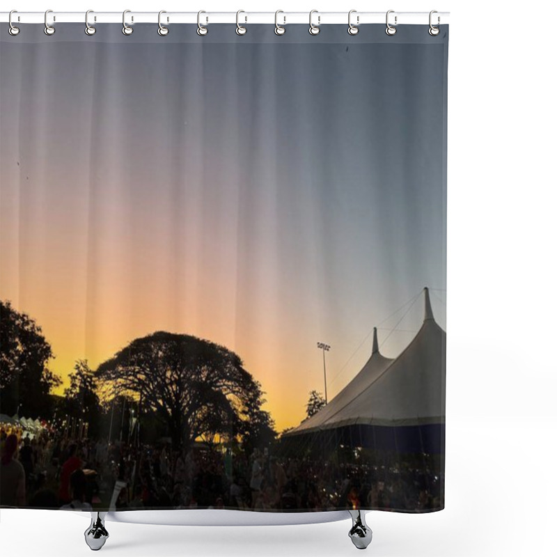 Personality  A Large And Lively Crowd Of People Is Gathered Together Under A Spacious Tent At A Vibrant Festival As The Sun Sets On The Horizon Shower Curtains