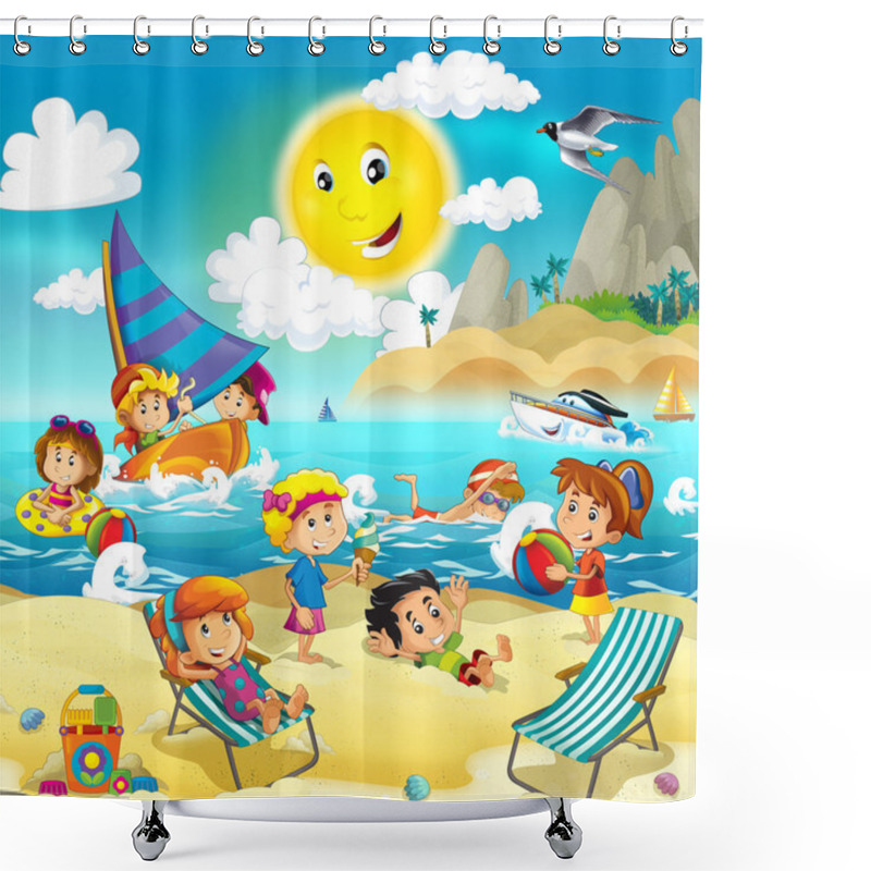 Personality  The Kids Playing At The Beach, Diving, Building In Sand Shower Curtains