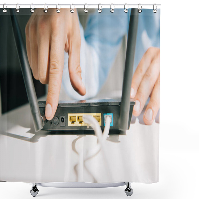 Personality  Cropped View Of Businessman Switching On Router Shower Curtains