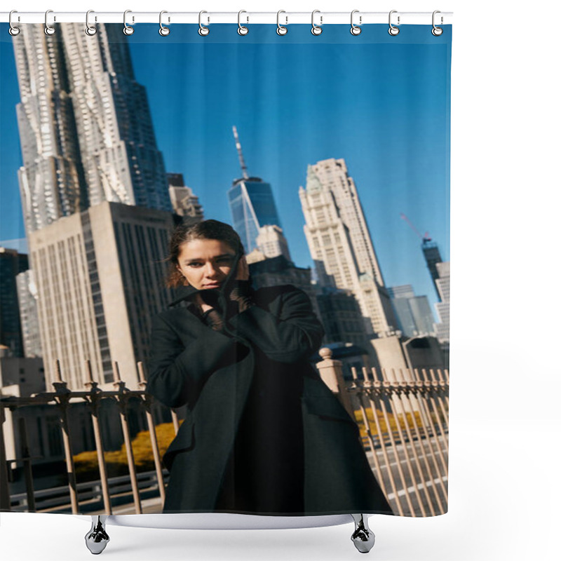 Personality  A Young Woman In A Black Coat Stands On A New York City Street. Shower Curtains