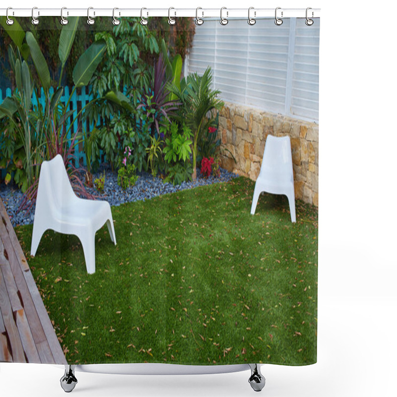 Personality  Tropical Garden With Artificial Grass Turf Wood Deck Shower Curtains