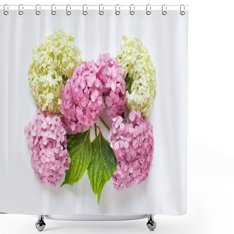 Personality  Bouquet Made Of Fluffy Pink And White Hydrangea Flowers Heads Arranged On White Background. Shower Curtains