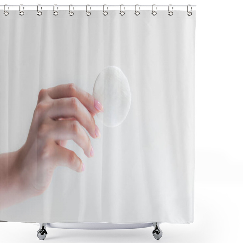 Personality  Woman Holding Cotton Pad On White Background, Closeup, Wadded Disks In A Female Hand On A White Background Isolation Shower Curtains