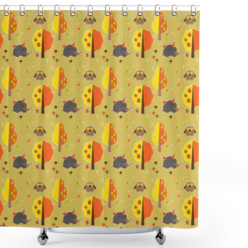 Personality  Seamless Pattern With Hedgehogs, Owls, Mushrooms, Apples And Trees Shower Curtains