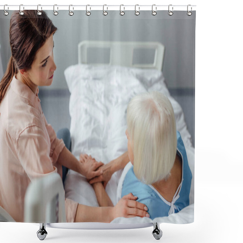 Personality  Selective Focus Of Senior Woman And Upset Daughter Holding Hands In Hospital Shower Curtains