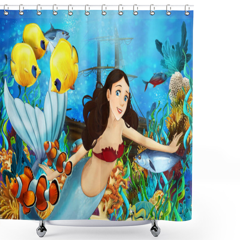 Personality  Cartoon Ocean And The Mermaid In Underwater Kingdom Swimming With Fishes - Illustration For Children Shower Curtains