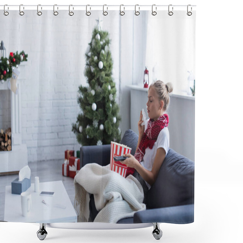 Personality  Diseased Woman With Tv Remote Controller And Bucket Of Popcorn Coughing On Sofa Near Blurred Christmas Tree Shower Curtains