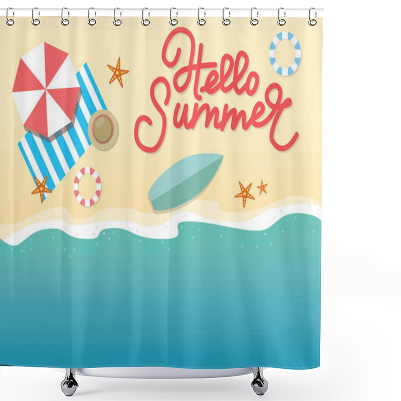 Personality  Hello Summer Concept Vector Illustration. Top View Of Beach. Template For Poster, Banner, Card, Flyer Etc Shower Curtains