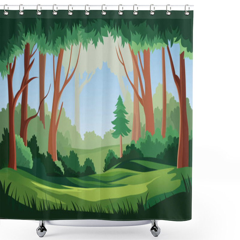 Personality  A Serene Forest Landscape. Tall Trees With Reddish-brown Trunks And Green Foliage Dominate The Scene. The Ground Is Covered In Lush Green Grass Shower Curtains