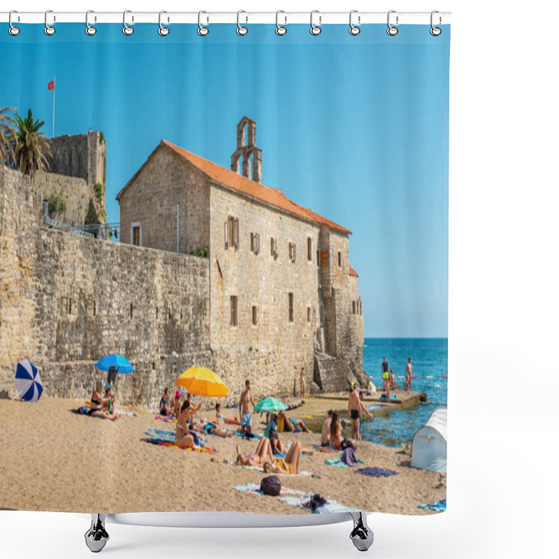 Personality  Budva, Montenegro - July 7, 2023: People Relaxing On The Beach Near Wals Of Old Town Shower Curtains