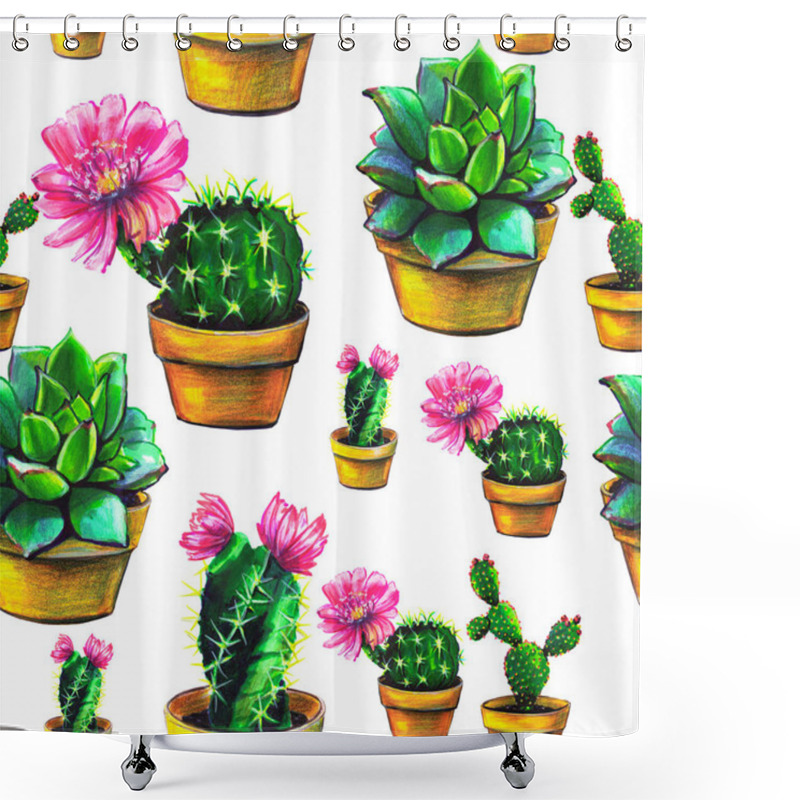 Personality  Cactus Seamless Pattern, Set Of Succulent, Isolated On A White Shower Curtains