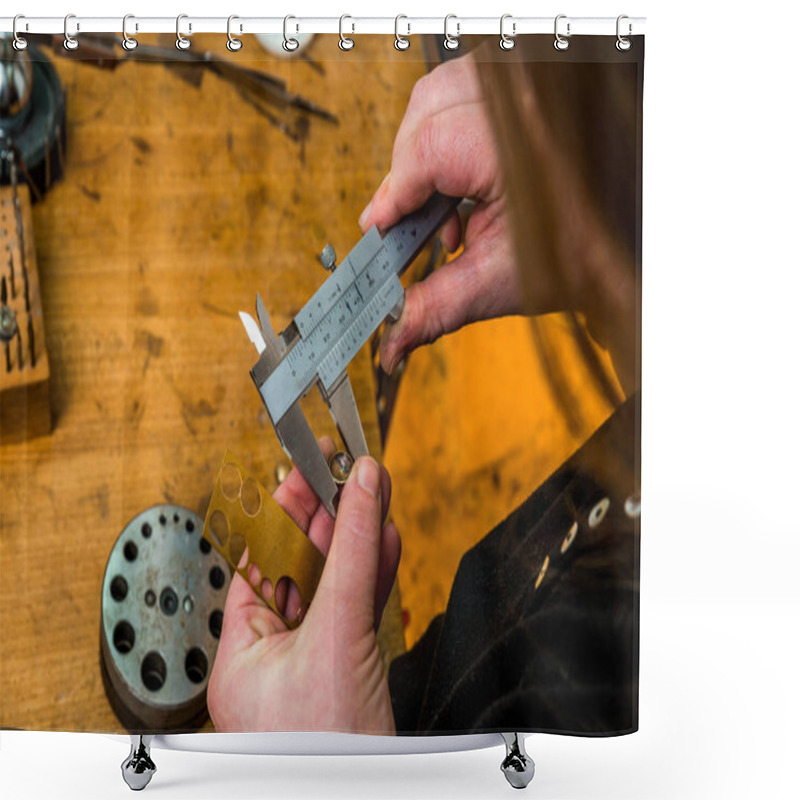 Personality  Working And Scaling A Jewelry Piece At Workshop With Aid Of Suiting Equipment And Goldsmith Standing And Holding With Both Hands Shower Curtains