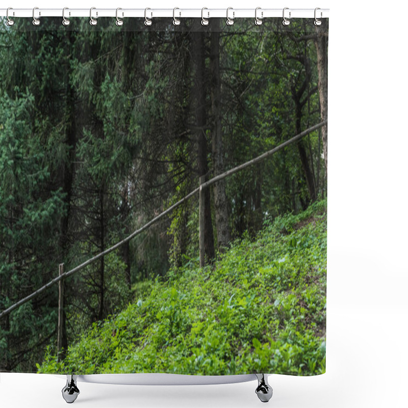 Personality  Green Hill In Pine Forest With Wooden Fence Shower Curtains