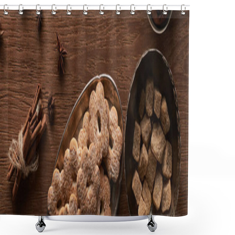 Personality  Top View Of Christmas Cookies On Wooden Table With Anise And Cinnamon, Panoramic Shot Shower Curtains