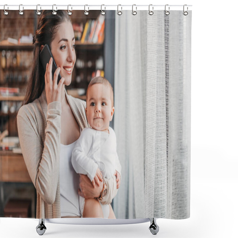 Personality  Mother With Son Talking On Smartphone  Shower Curtains