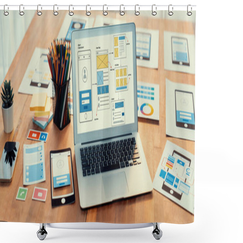 Personality  Digital And Paper Wireframe Designs For Web Or Mobile App UI UX Display On Laptop Computer Screen. Panoramic Shot Of Developer Workspace For Brainstorming And Design Application Framework. Scrutinize Shower Curtains