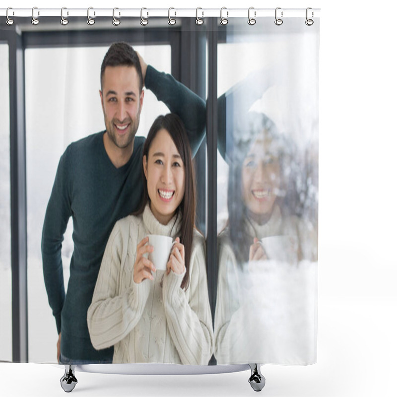 Personality  Multiethnic Couple Enjoying Morning Coffee By The Window Shower Curtains