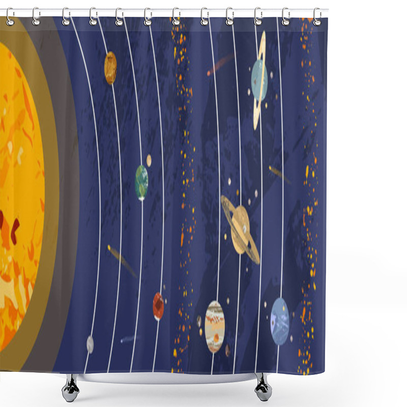 Personality  Solar System Poster. Sun, Mercury, Venus, Earth, Moon, Mars, Jupiter, Saturn, Uranus, Neptune. Planet, Satellite, Asteroid Belt, Comet. Astronomy, Astrophysics. Vector Flat Cartoon Cosmic Illustration Shower Curtains