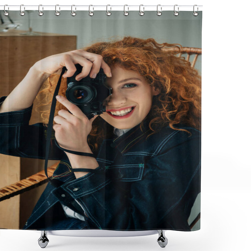 Personality  Smiling Stylish Redhead Woman In Wicker Chair Taking Photo With Film Camera Isolated On Grey Shower Curtains