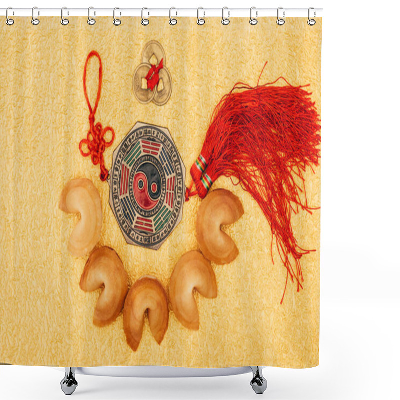 Personality  Top View Of Chinese Talisman Surrounded With Fortune Cookies On Golden Surface, Chinese New Year Concept Shower Curtains