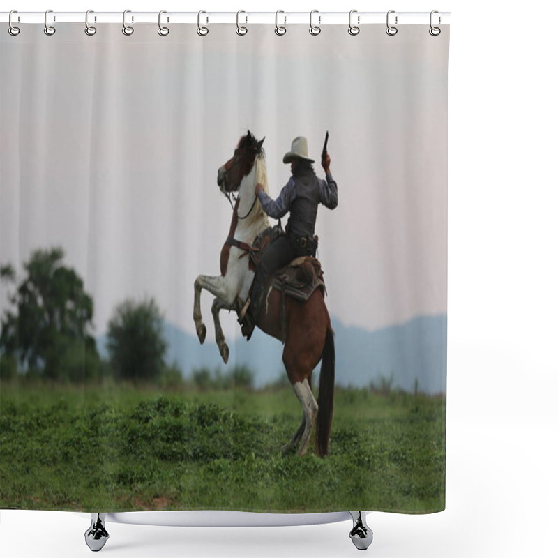 Personality  Cowboy Riding Horse With Hand Holding Gun Against Sunset. Shower Curtains