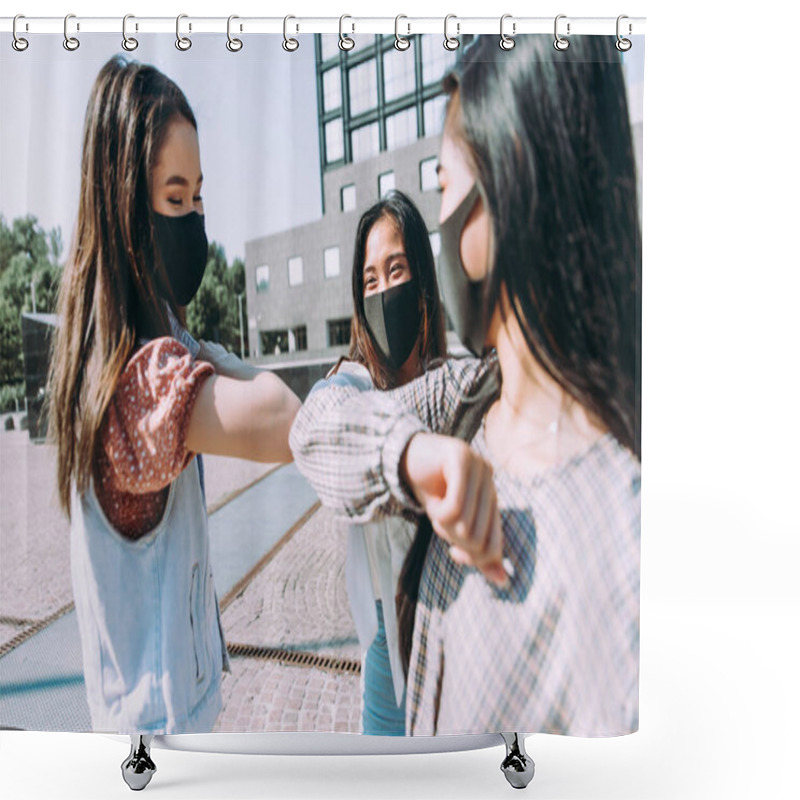 Personality  Group Of Asian Girls Going Out After Quarantine During Coronavirus Period. Young Women Outdoor With Safety Masks Shower Curtains