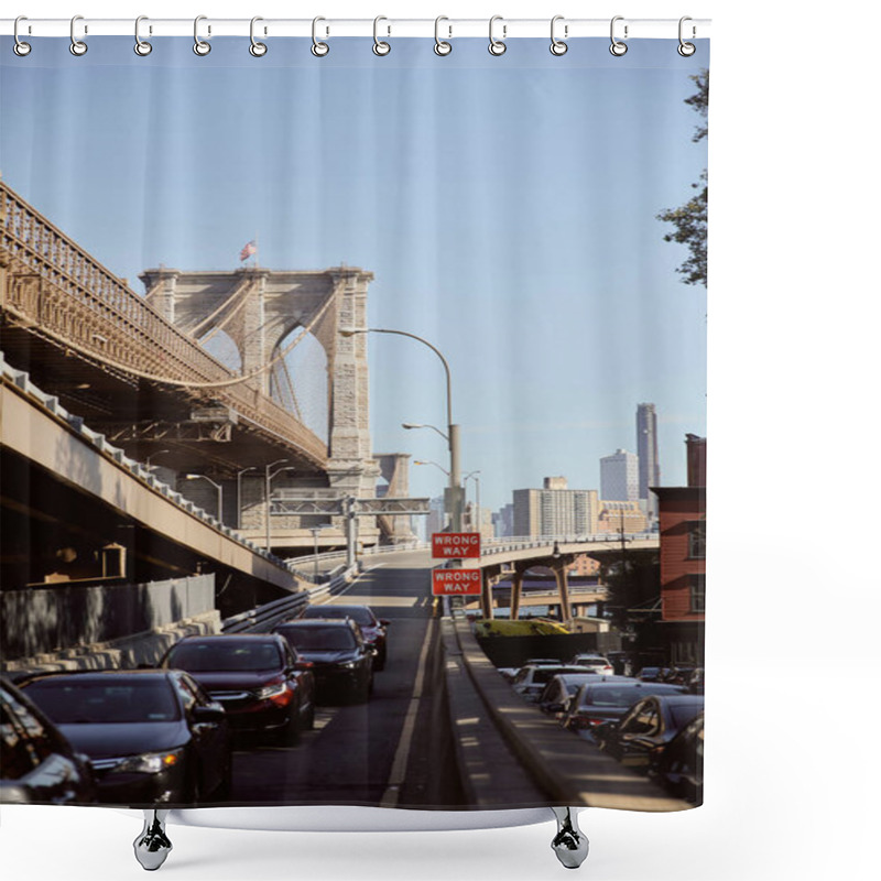 Personality  Heavy Traffic On Famous Brooklyn Bridge In Rush Hour In New York City, Metropolis Atmosphere Shower Curtains