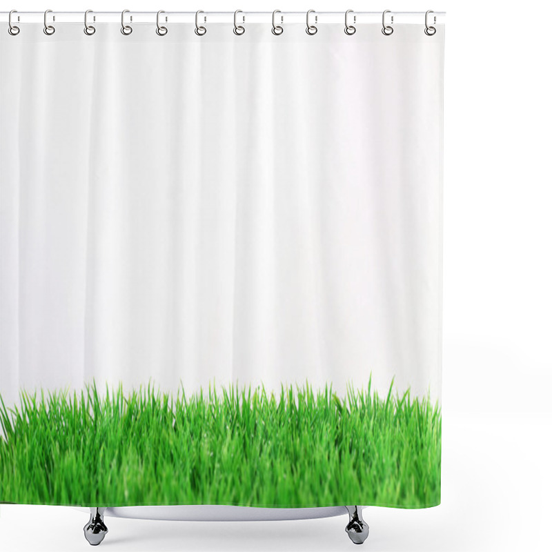 Personality  Stripe Of Fresh Green Grass On White Background Shower Curtains