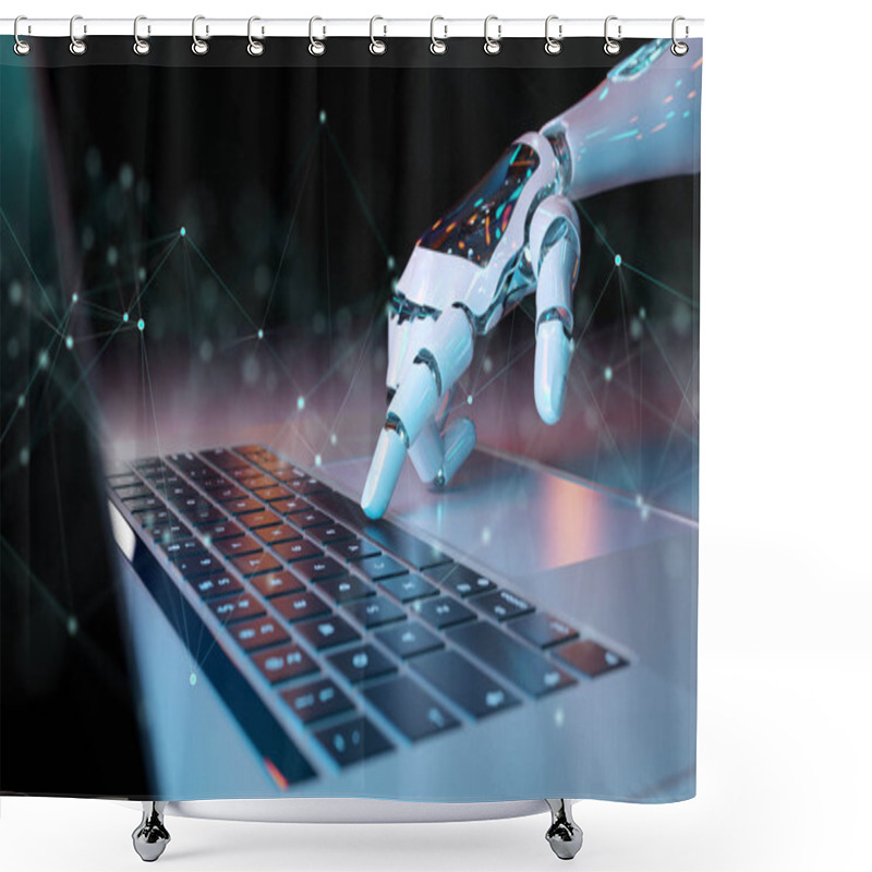 Personality  Robotic Cyborg Hand Pressing A Keyboard On A Laptop 3D Rendering Shower Curtains