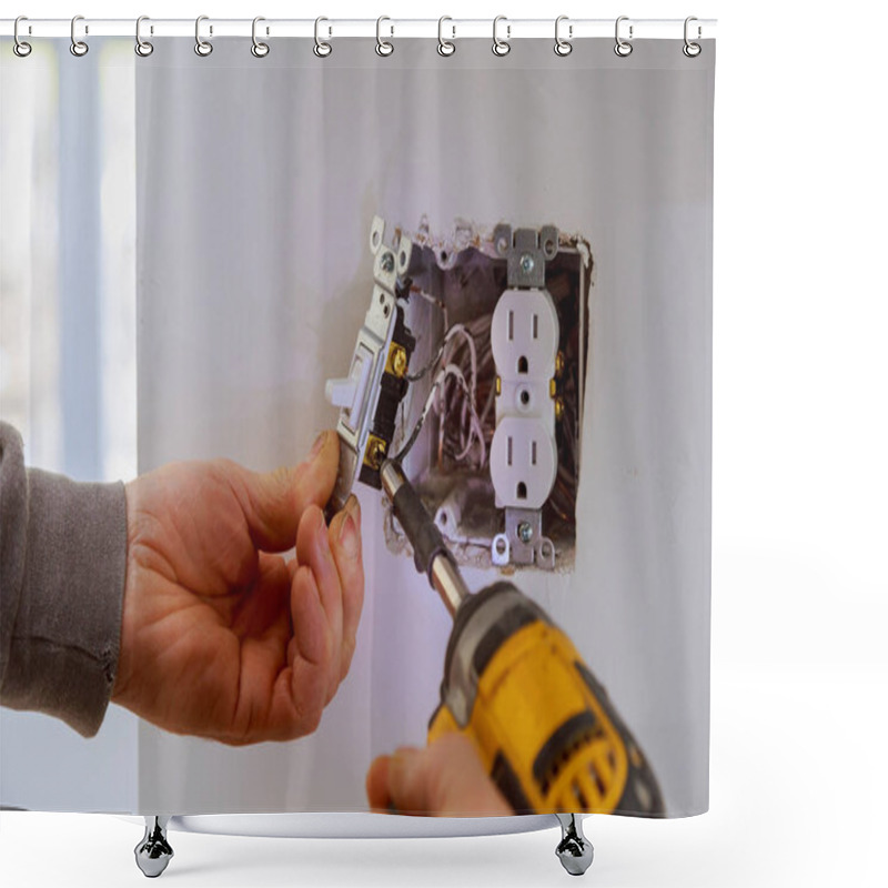 Personality  The Hands Of An Electrician Installing A Power Switch Shower Curtains